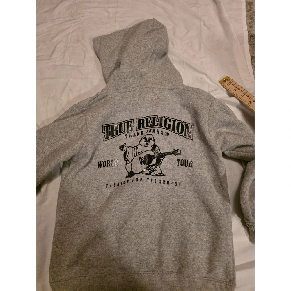 True Religion C H ilds Hoodie. Gray‎ With Full Iron On On Back. Symbol On Front.